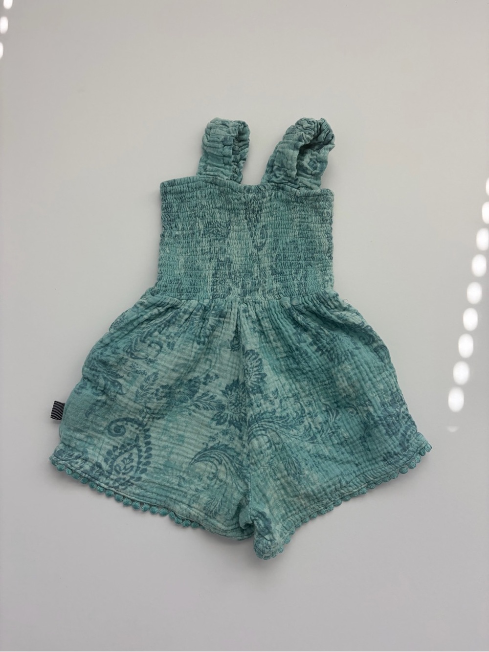 Volcom 24m Girls' Teal Paisley Cotton Romper with Pom Trim - Picture 2 of 4